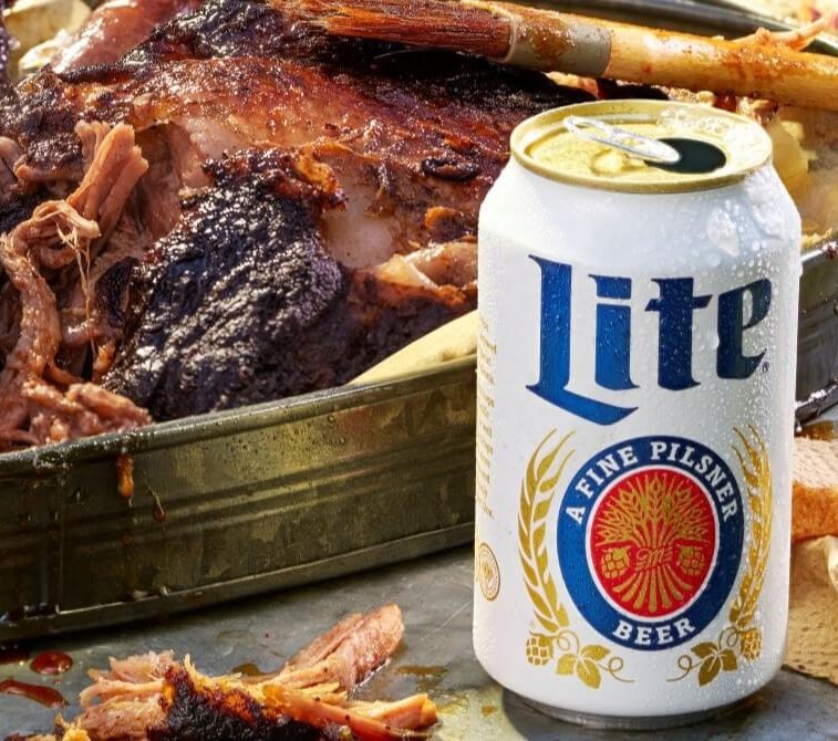 Miller Lite can with BBQ in the background