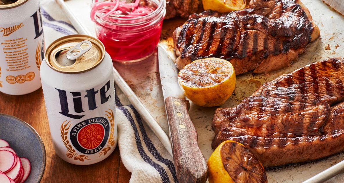 Beer-Brined Pork Steaks with Miller Lite Whole-Grain Mustard